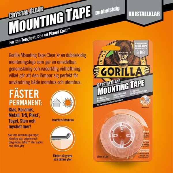 GORILLA MONTERINGSTAPE 25 mm X 152 meter, dubbelhäftande monteringstape t