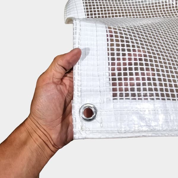 Båtpresenning NOCK Armor Pro, rutarmerad med extraförstärkt öljettkant, 250 g / m², transparent, 5 x 7 meter + 26 st gummistroppar