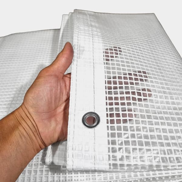 Båtpresenning NOCK Armor Pro, rutarmerad med extraförstärkt öljettkant, 250 g / m², transparent, 5 x 7 meter + 26 st gummistroppar