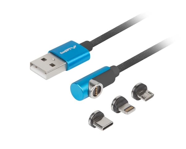 3in1 Premium Magnetisk Vinklet Kabel QC 3.0 - Blå