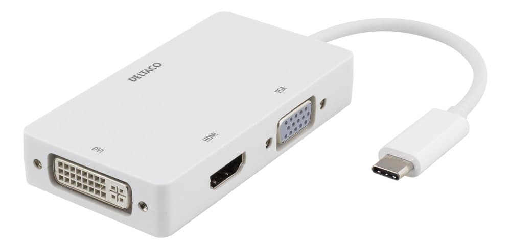 DELTACO USB-C to HDMI/DVI/VGA adapter, 4K, DP Alt Mode, white