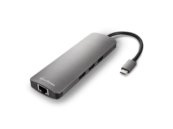 Sharkoon USB 3.0 Type C Combo Adapter, USB Type-C, HDMI, RJ-45, USB 3.2 Gen 1 (3.1 Gen 1), Harmaa, 132 m, 5 Gbit/s, 130 mm