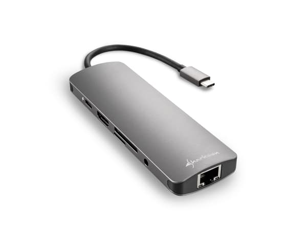 Sharkoon USB 3.0 Type C Combo Adapter, USB Type-C, HDMI, RJ-45, USB 3.2 Gen 1 (3.1 Gen 1), Harmaa, 132 m, 5 Gbit/s, 130 mm