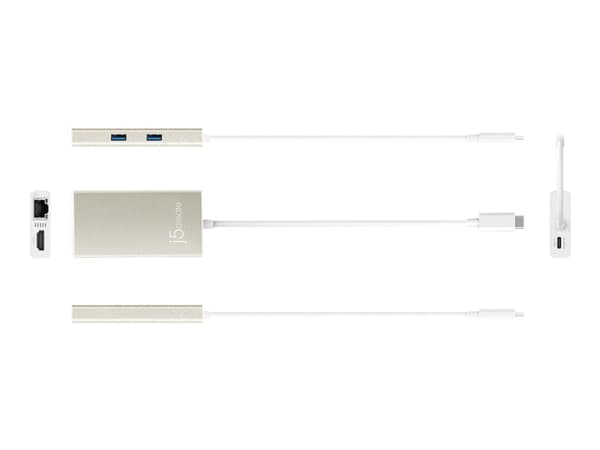 j5create JCA374-N USB-C® Multi-Adapter, Langallinen, USB Type-C, 60 W, 10,100,1000 Mbit/s, Kulta, Valkoinen, Metallic Champagne