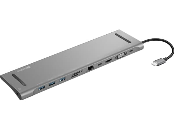 Sandberg USB-C 10-in-1 Docking Station, Langallinen, USB 3.2 Gen 1 (3.1 Gen 1) Type-C, 100 W, 10,100,1000 Mbit/s, Alumiini, MMC, MicroSD (TransFlash)