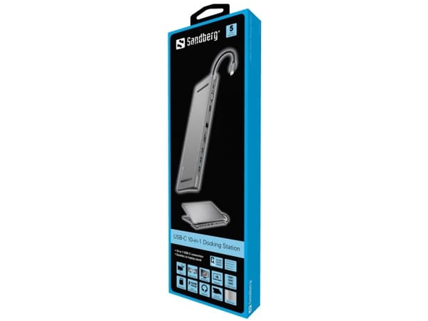 Sandberg USB-C 10-in-1 Docking Station, Langallinen, USB 3.2 Gen 1 (3.1 Gen 1) Type-C, 100 W, 10,100,1000 Mbit/s, Alumiini, MMC, MicroSD (TransFlash)