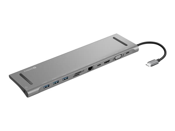Sandberg USB-C 10-in-1 Docking Station, Langallinen, USB 3.2 Gen 1 (3.1 Gen 1) Type-C, 100 W, 10,100,1000 Mbit/s, Alumiini, MMC, MicroSD (TransFlash)