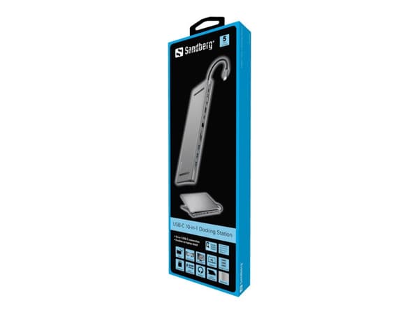 Sandberg USB-C 10-in-1 Docking Station, Langallinen, USB 3.2 Gen 1 (3.1 Gen 1) Type-C, 100 W, 10,100,1000 Mbit/s, Alumiini, MMC, MicroSD (TransFlash)