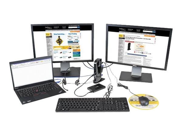 StarTech.com Kannettavan tietokoneen USB 3.0 -telakointiasema kahdella näytöllä, HDMI/DVI/VGA &amp; 6xUSB-portit - Universal USB Dock for Mac &amp; W