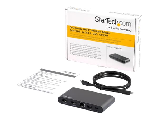 StarTech.com USB C Dock, 4K Dual Monitor HDMI-näyttö, Mini Laptop Docking Station, 100W Power Delivery Passthrough, GbE, 2-Port USB-A Hub, USB Type-C