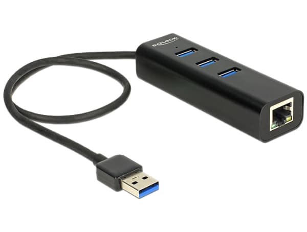 DeLock USB 3.0 Hub 3 Port + 1 Port Gigabit LAN 10/100/1000 Mb/s - Hub - 3 x SuperSpeed USB 3.0 + 1 x 10/100/1000 - skrivbord