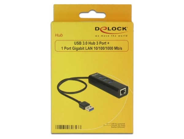 DeLock USB 3.0 Hub 3 Port + 1 Port Gigabit LAN 10/100/1000 Mb/s - Hub - 3 x SuperSpeed USB 3.0 + 1 x 10/100/1000 - skrivbord