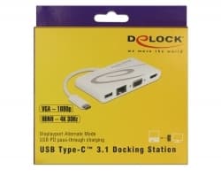 DeLOCK 87731, USB 3.2 Gen 1 (3.1 Gen 1) Type-C, Harmaa, Valkoinen, HDMI, RJ-45, USB 3.2 Gen 1 (3.1 Gen 1) Type-A, USB 3.2 Gen 1 (3.1 Gen 1) Type-C, V