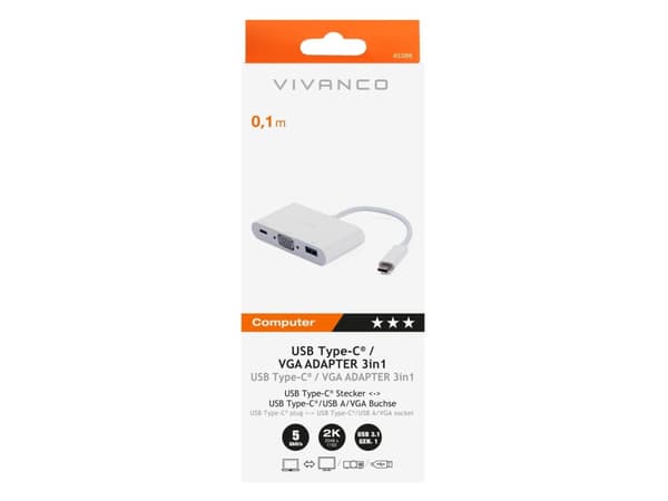 Vivanco CC UC UACVGA, Langallinen, USB 3.2 Gen 1 (3.1 Gen 1) Type-C, 60 W, Valkoinen, 5 Gbit/s, 60 Hz