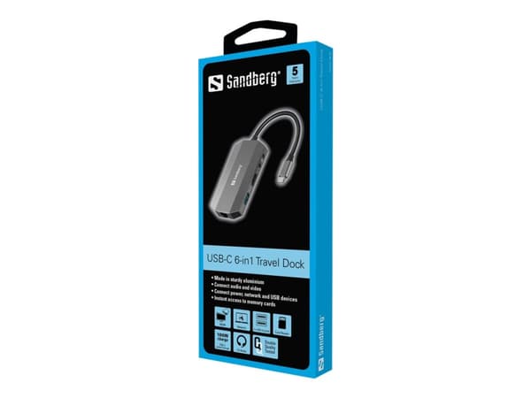 Sandberg USB-C 6-in1 Travel Dock - Dockningsstation - USB-C - HDMI - 1GbE