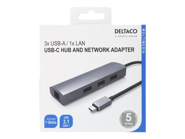 DELTACO USBC-1294 - Keskitin - 3 x SuperSpeed USB 3.0 + 1 x 10/100/1000 - pöytätietokoneet