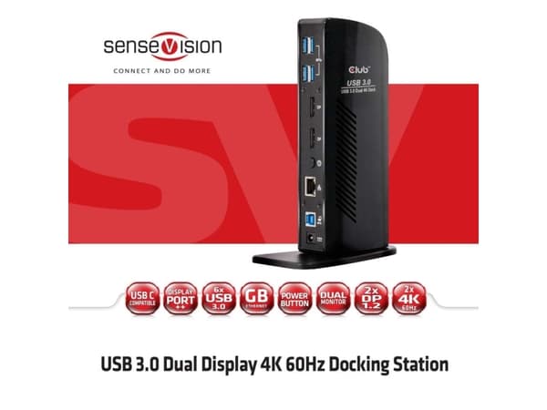 CLUB3D USB 3.0 Dual Display 4K60Hz Docking Station, Langallinen, USB 3.2 Gen 1 (3.1 Gen 1) Type-A, 3,5 mm, USB A-tyyppi, 10,100,1000 Mbit/s, Musta