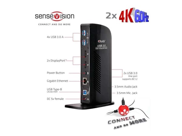 CLUB3D USB 3.0 Dual Display 4K60Hz Docking Station, Langallinen, USB 3.2 Gen 1 (3.1 Gen 1) Type-A, 3,5 mm, USB A-tyyppi, 10,100,1000 Mbit/s, Musta