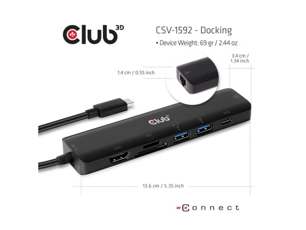 Club 3D USB Type C 7-in-1 Hub - Dokkingstasjon - USB-C 3.2 - HDMI - 1GbE