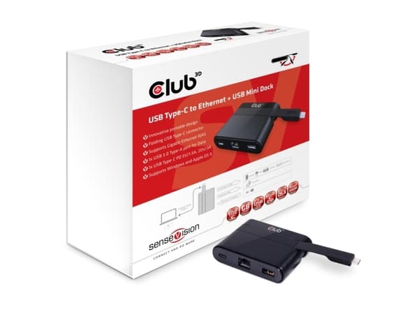 CLUB3D USB Type-C to Ethernet + USB 3.0 + USB Type-C Charging Mini Dock, Langallinen, USB 3.2 Gen 1 (3.1 Gen 1) Type-C, 10,100,1000 Mbit/s, Musta, Ro