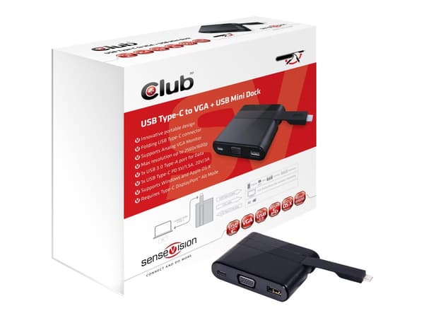 CLUB3D USB Type C to VGA + USB 3.0 + USB Type C Charging Mini Dock, Langallinen, USB 3.2 Gen 1 (3.1 Gen 1) Type-C, Musta, Kiina, Windows 10,Windows 1