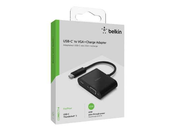 Belkin USB-C to VGA + Charge Adapter - Video adapter - 24 pin USB-C hann til HD-15 (VGA), USB-C (kun strøm) hunn - svart - 1080p-støtte, USB Power De
