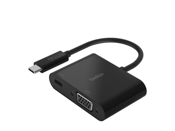 Belkin USB-C to VGA + Charge Adapter - Video adapter - 24 pin USB-C hann til HD-15 (VGA), USB-C (kun strøm) hunn - svart - 1080p-støtte, USB Power De
