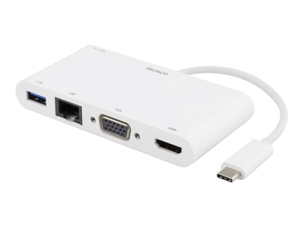 Deltaco USBC-HDMI14, USB 3.2 Gen 1 (3.1 Gen 1) Type-C, 100 W, Valkoinen, HDMI, RJ-45, USB 3.2 Gen 1 (3.1 Gen 1) Type-C, VGA, USB, 100 mm