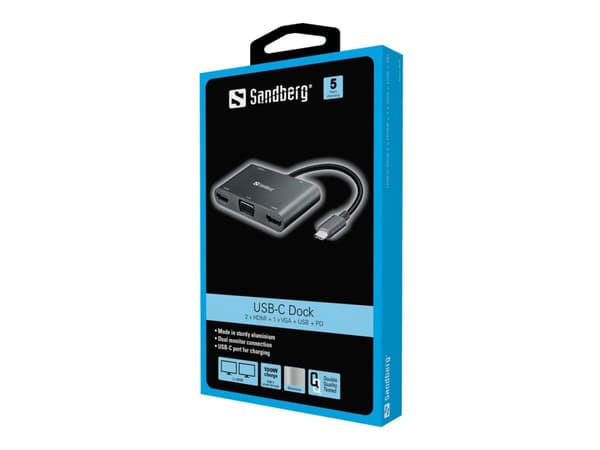 Sandberg USB-C Dock 2xHDMI+1xVGA+USB+PD, Langallinen, USB 3.2 Gen 1 (3.1 Gen 1) Type-C, Harmaa, 4K Ultra HD, 3840 x 2160 pikseliä, 1920 x 1080 piksel