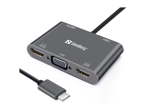Sandberg USB-C Dock 2xHDMI+1xVGA+USB+PD, Langallinen, USB 3.2 Gen 1 (3.1 Gen 1) Type-C, Harmaa, 4K Ultra HD, 3840 x 2160 pikseliä, 1920 x 1080 piksel