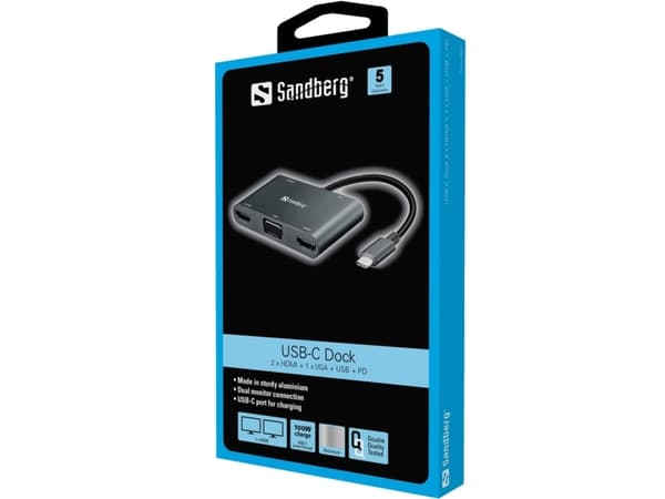Sandberg USB-C Dock 2xHDMI+1xVGA+USB+PD, Langallinen, USB 3.2 Gen 1 (3.1 Gen 1) Type-C, Harmaa, 4K Ultra HD, 3840 x 2160 pikseliä, 1920 x 1080 piksel