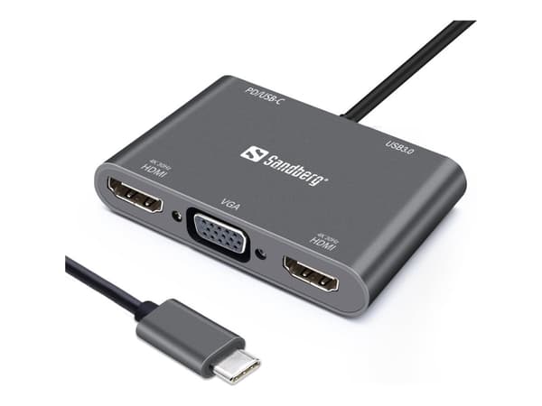 Sandberg USB-C Dock 2xHDMI+1xVGA+USB+PD, Langallinen, USB 3.2 Gen 1 (3.1 Gen 1) Type-C, Harmaa, 4K Ultra HD, 3840 x 2160 pikseliä, 1920 x 1080 piksel