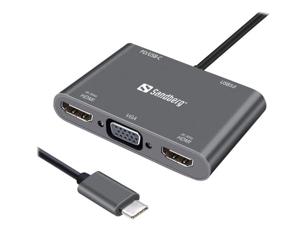 Sandberg USB-C Dock 2xHDMI+1xVGA+USB+PD, Langallinen, USB 3.2 Gen 1 (3.1 Gen 1) Type-C, Harmaa, 4K Ultra HD, 3840 x 2160 pikseliä, 1920 x 1080 piksel