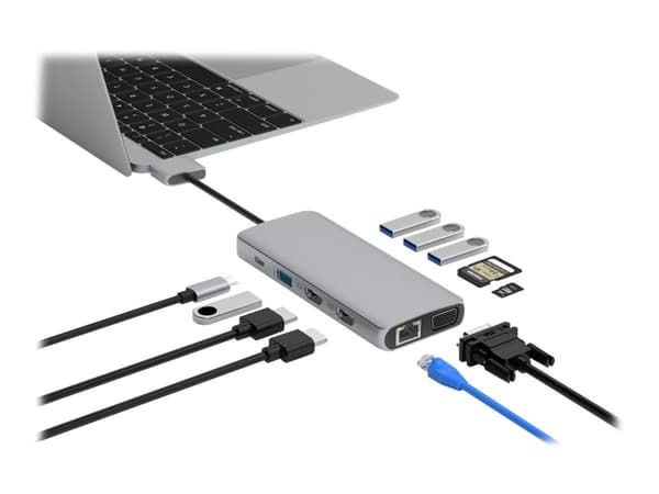 eSTUFF Dual USB-C Dock - Telakointiasema - USB-C 3.2 Gen 1 - VGA, HDMI - GigE - Apple Mac mini (Lähetetty 2018, Tidligt 2020); MacBook Pro