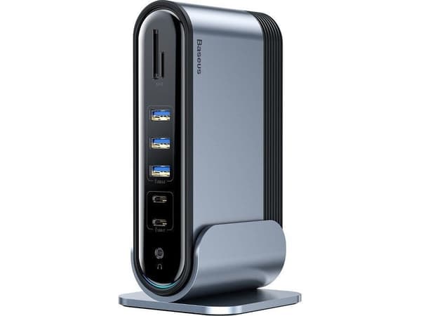 Baseus CAHUB-DG0G, USB 3.2 Gen 1 (3.1 Gen 1) Type-C, 100 W, Musta, Harmaa, MicroSD (TransFlash), SD, 3.5mm, HDMI, RJ-45, USB 2.0, USB 3.2 Gen 1 (3.1