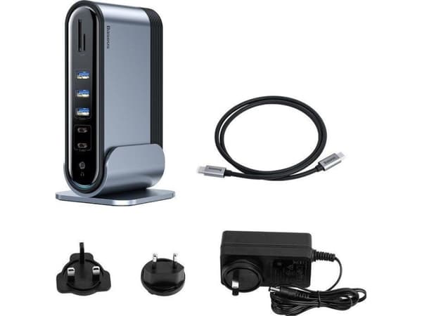 Baseus CAHUB-DG0G, USB 3.2 Gen 1 (3.1 Gen 1) Type-C, 100 W, Musta, Harmaa, MicroSD (TransFlash), SD, 3.5mm, HDMI, RJ-45, USB 2.0, USB 3.2 Gen 1 (3.1