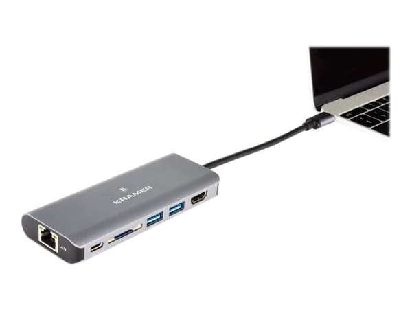 Kramer Electronics KDock-2, Langallinen, USB 3.2 Gen 1 (3.1 Gen 1) Type-C, 100 W, 10,100,1000 Mbit/s, Musta, Hopea, SD