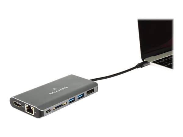 Kramer Electronics KDock-3, Langallinen, USB 3.2 Gen 1 (3.1 Gen 1) Type-C, 100 W, 10,100,1000 Mbit/s, Musta, Hopea, SD