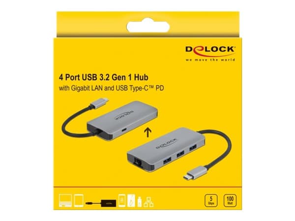 Delock USB 3.2 Gen 1 Hub with 4 Ports and Gigabit LAN and PD - Hubb - 4 x USB 3.2 Gen 1 + 1 x 10/100/1000 - skrivbordsmodell