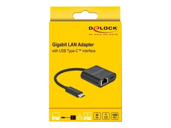 Delock - Nettverksadapter - USB-C 3.2 Gen 1 - Gigabit Ethernet x 1 + USB-C (bare strøm) x 1 - svart