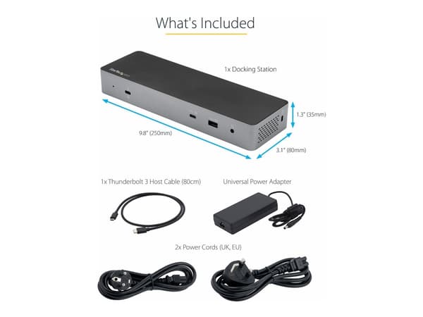 StarTech.com TB3CDK2DHUE, Langallinen, Thunderbolt 3, 96 W, 3,5 mm, Musta, Harmaa, 40 Gbit/s