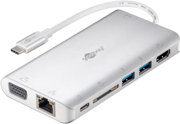 Goobay 49850, USB Type-C, 3.5mm, HDMI, RJ-45, USB 3.2 Gen 1 (3.1 Gen 1) Type-A, USB Type-C, VGA, SD, 5000 Mbit/s, 30 Hz, Hopea