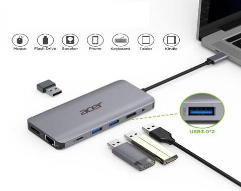 Acer 12-i-1 Type-C-adapter - Dockningsstation - USB-C - 2 x HDMI, DP - GigE - Silver