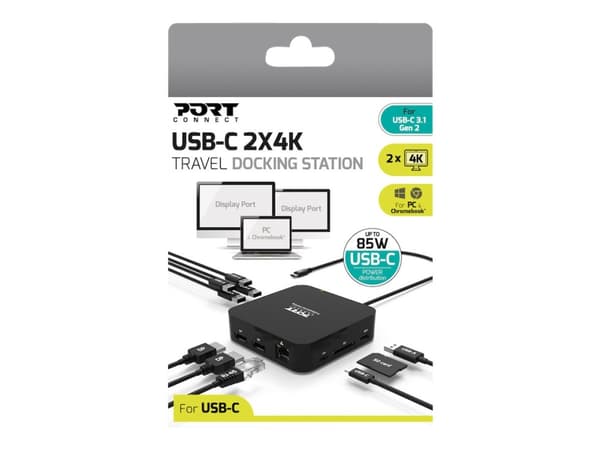 PORT connect USB-C 2X4K TRAVEL - Dockningsstation - USB-C 3.1 Gen 2 - 2 x DP - 1GbE