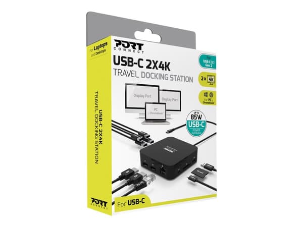 PORT connect USB-C 2X4K TRAVEL - Dockningsstation - USB-C 3.1 Gen 2 - 2 x DP - 1GbE