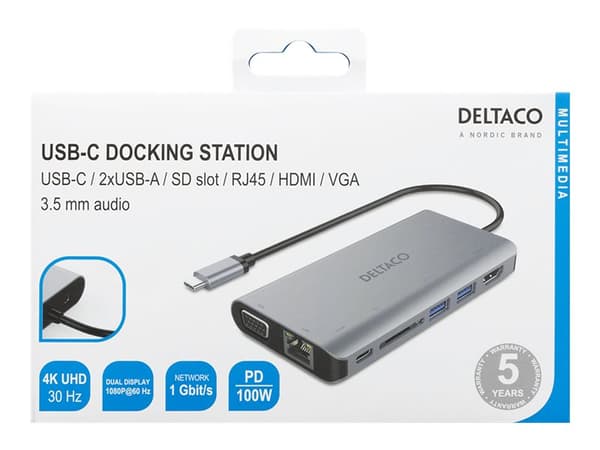 Deltaco USBC-HDMI18, Langallinen, USB 3.2 Gen 2 (3.1 Gen 2) Type-C, Musta, SD, 3840 x 2160 pikseliä, 1080 x 1920 pikseliä