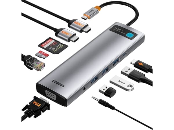 Baseus Metal Gleam Series 11-in-1, Kabel, USB 3.2 Gen 1 (3.1 Gen 1) Type-C, 100 W, 3,5 mm, 10,100,1000 Mbit/s, 10BASE-T,100BASE-TX,1000BASE-T
