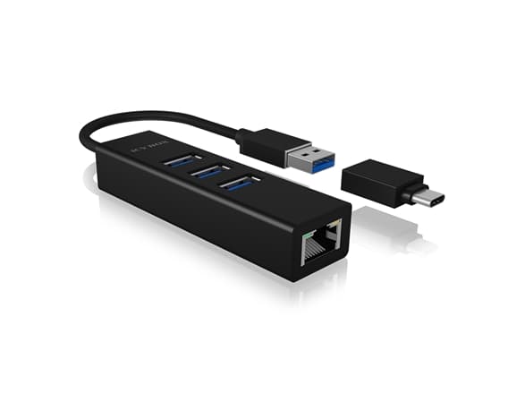 ICY BOX IB-HUB1419-LAN, USB 3.2 Gen 1 (3.1 Gen 1) Type-A, RJ-45, USB 3.2 Gen 1 (3.1 Gen 1) Type-A, 5000 Mbit/s, Sort, Alumiini, Gigabit Ethernet