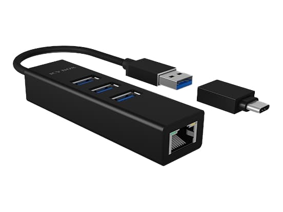 ICY BOX IB-HUB1419-LAN, USB 3.2 Gen 1 (3.1 Gen 1) Type-A, RJ-45, USB 3.2 Gen 1 (3.1 Gen 1) Type-A, 5000 Mbit/s, Sort, Alumiini, Gigabit Ethernet