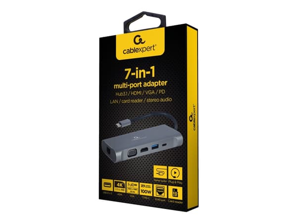 Gembird A-CM-COMBO7-01, USB 3.2 Gen 1 (3.1 Gen 1) Type-A, 100 W, Harmaa, MicroSD (TransFlash), SD, 30 Hz, 3.5mm, HDMI, RJ-45, USB 3.2 Gen 1 (3.1 Gen